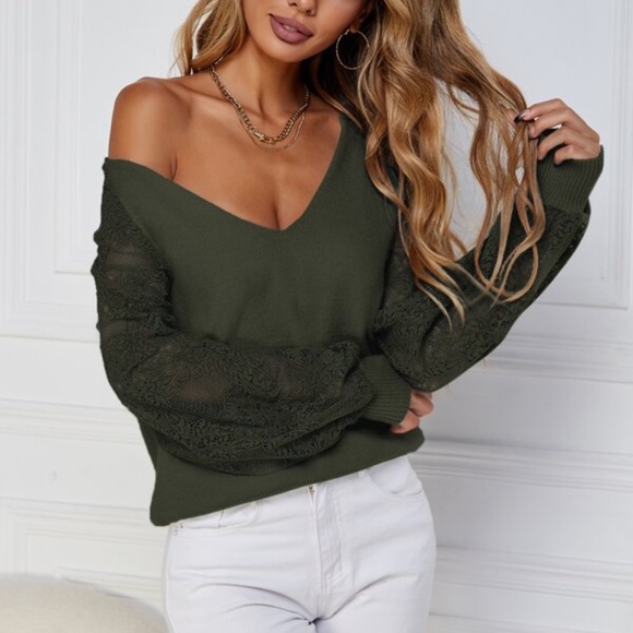 White Floral Lace Sleeve Off Shoulder Sweater Top - Picture 2 of 16